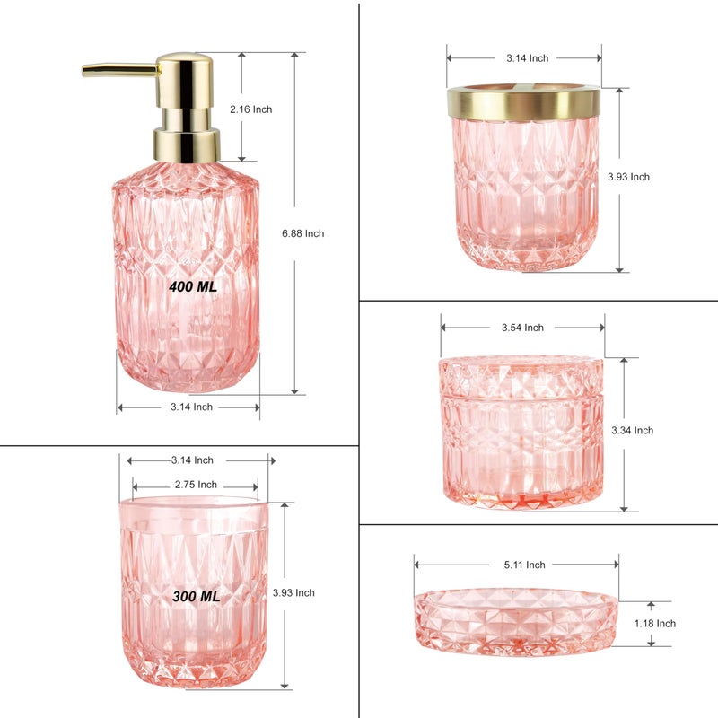 LaMarriti Pink Bathroom Accessories  5pcs Glass Bathroom Accessories Set  Soap Dispenser Set  Soap Dish  Tumbler  Cotton Swab Jars  Toothbrush Holder  Modern Bathroom Decor  Set - Image 5